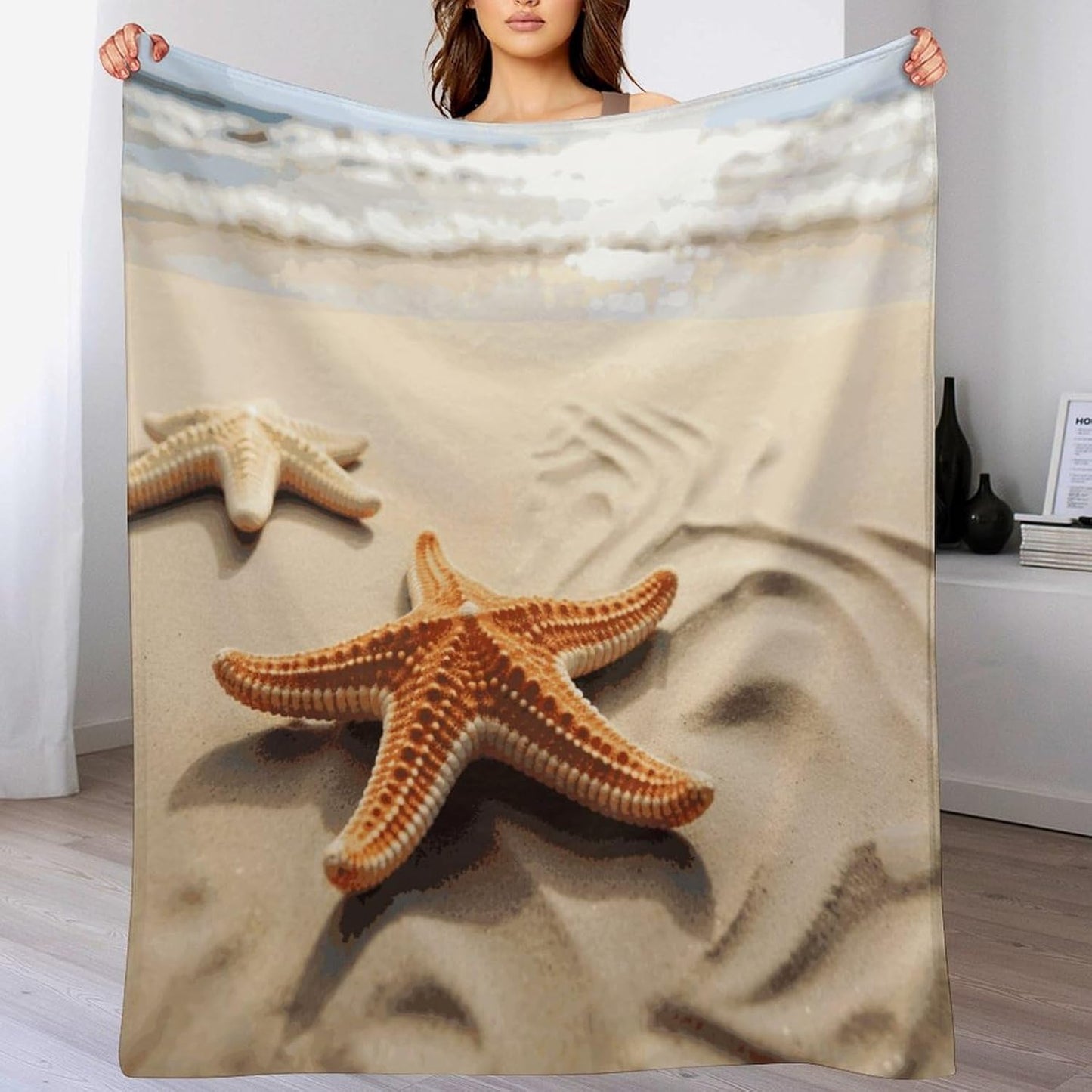 Starfish on The Sand Beach Landscape Blanket Super Soft Lightweight Throw Blanket Cute Cozy Warm Bed Blanket Decorative Fuzzy Blanket All-Season Home Decor Gift for Sofa Couch Living Room 50"*60"（130*