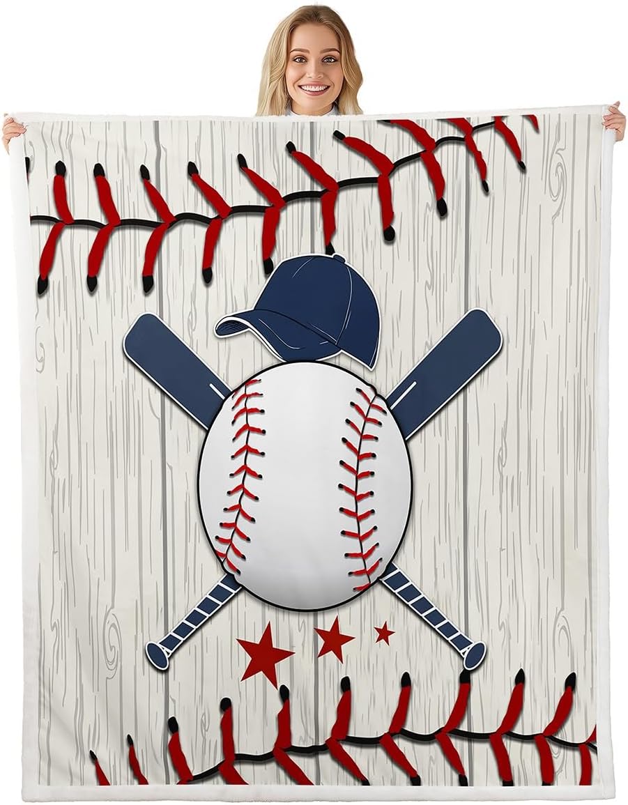 Baseball Print Bed Blanket Vintage Wood Throw Blanket Lightweight Soft Cozy Luxury White Red Navy Fleece Blanket Sports Flannel Blanket for Sofa Bedroom Office Travel All Season(Twin 60"x80")