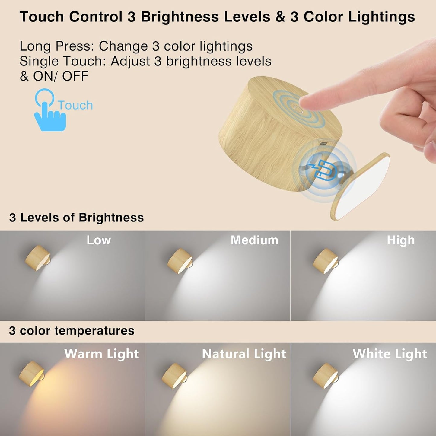 Battery Operated Wall Light, LED Wall Sconce with 3 Color Modes, 3 Brightness Levels, 360 Rotation, Touch Control, Cordless Wall Lamp for Bedroom, Reading, Bedside - 1 Pack
