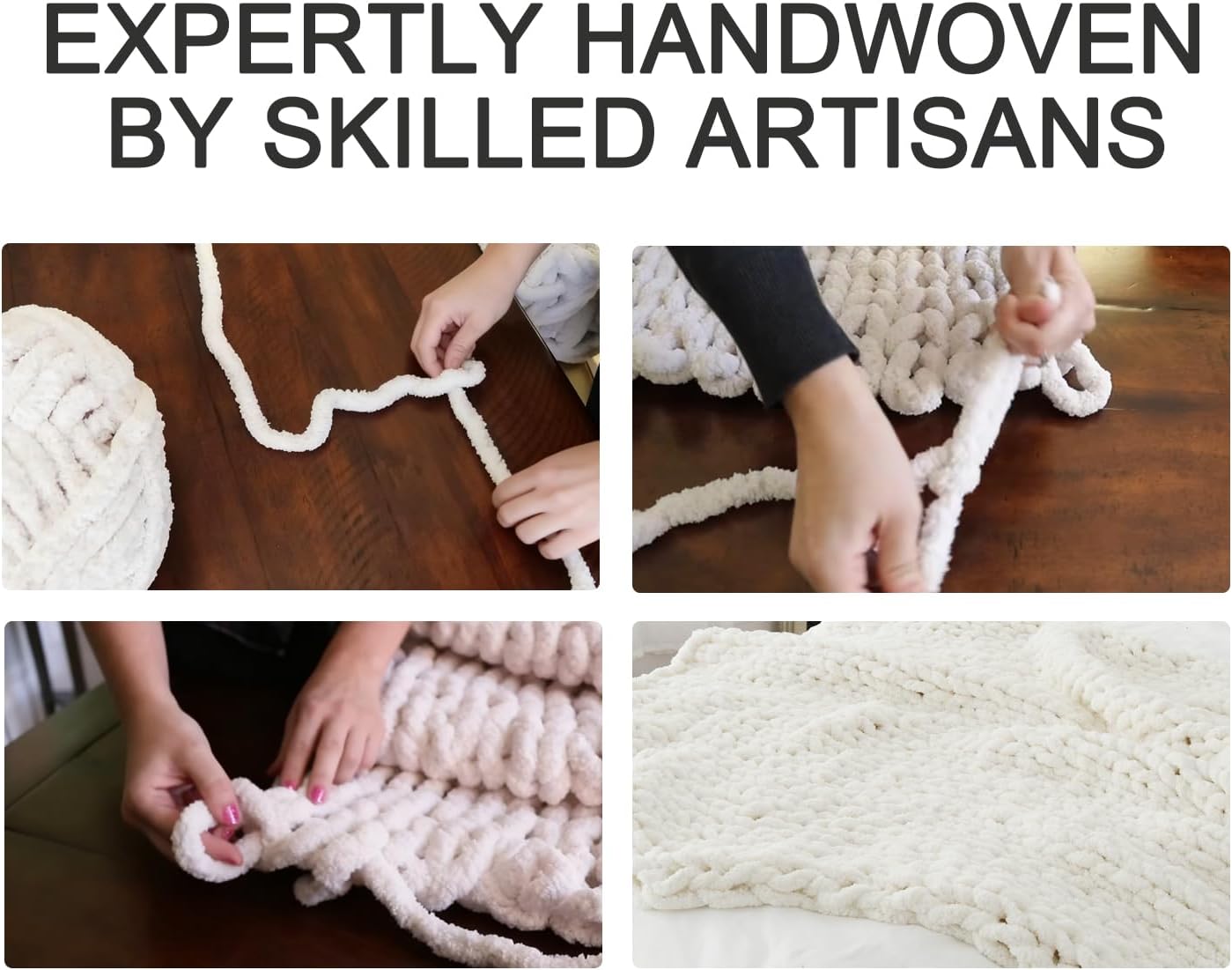 Luxury Super Chunky Knit Throw Blanket, Handmade Chenille Cable Knit Crochet Blanket 50x60, Soft Thick Chunky Yarn Knit Throw for Couch & Bed, No Shedding, Ivory/Cream Home Decor Gift