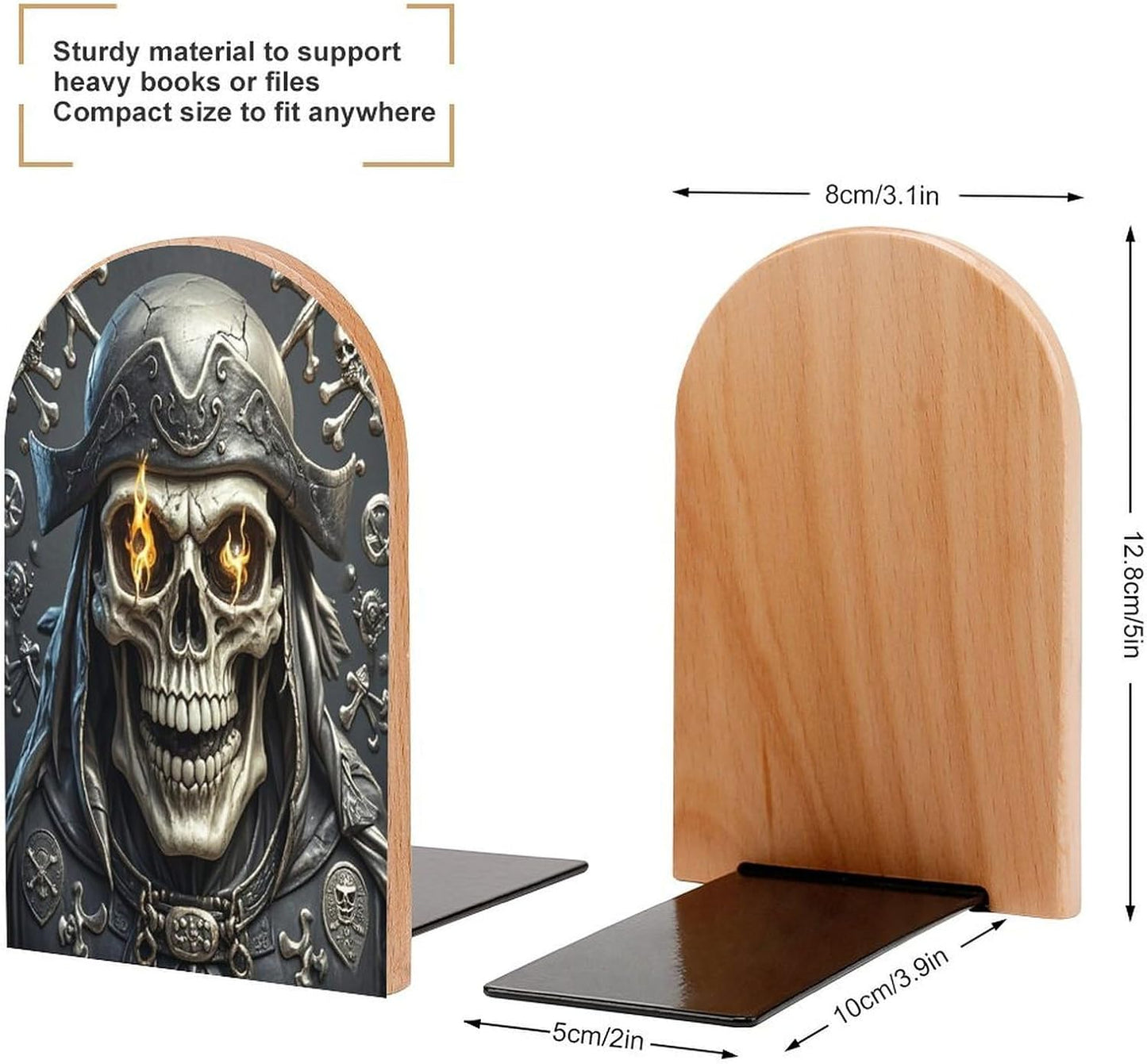 Pirate Skull Bookends 1 Pair Heavy Duty Book Ends for Shelves Non-Skid Bookend Supports Wooden Book Holders with Metal Base Desk Organizers Books Storage to Hold Books