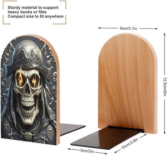 Pirate Skull Bookends 1 Pair Heavy Duty Book Ends for Shelves Non-Skid Bookend Supports Wooden Book Holders with Metal Base Desk Organizers Books Storage to Hold Books
