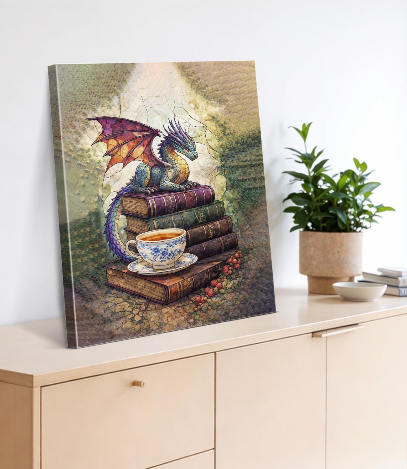 Vintage Dragon Books Wall Art Print - Bookish Dragon Canvas Poster Painting - Book Lover Gifts Wall Decor for Home Reading Nook Library 8x10 Inch Framed