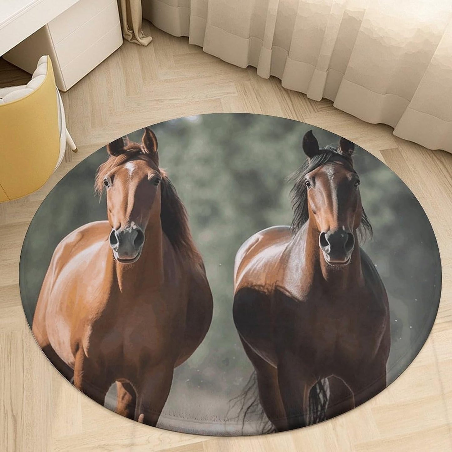 Animales Horses Circle Rug Retro Luxury Coral Velvet Floor Mat Non Slip Soft Indoor Floor Carpet Comfy Thickened Area Rugs Modern Aesthetic Minimalist Carpets for Home Decor