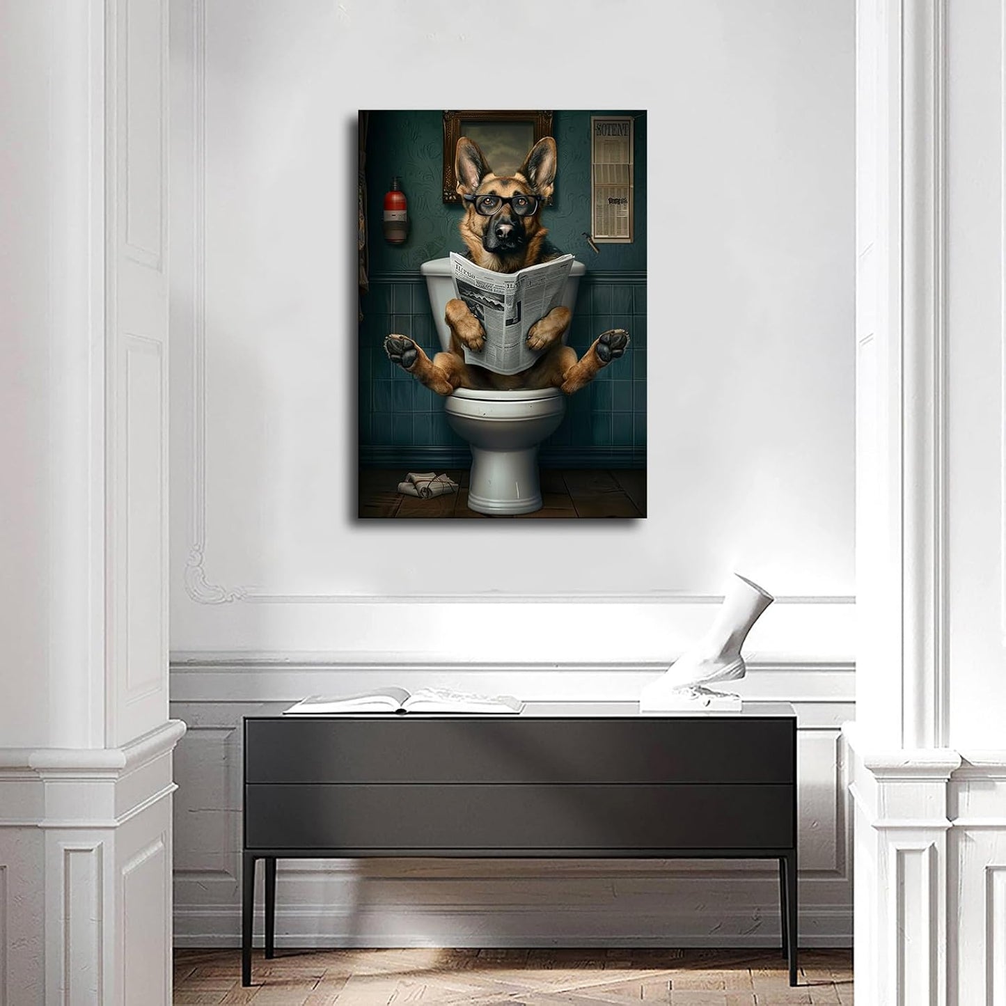 chenmjj German Shepherd Reading Newspaper Print Poster Picture HD Print Poster Retro Painted Modern Home Bedroom Room Aesthetic Decoration Canvas Art (08x12inch Unframed)