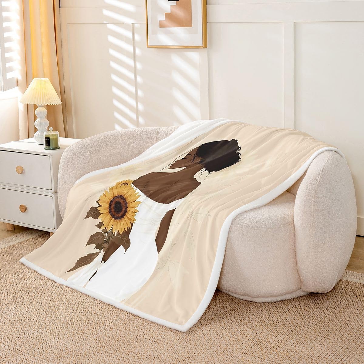 Feelyou Black Woman Throw Blanket African American Soft Fleece Sherpa Cozy Fuzzy Plush Warm Sunflower Fuzzy Plush Throw Throw 50"x60" for Bed Couch Living Room