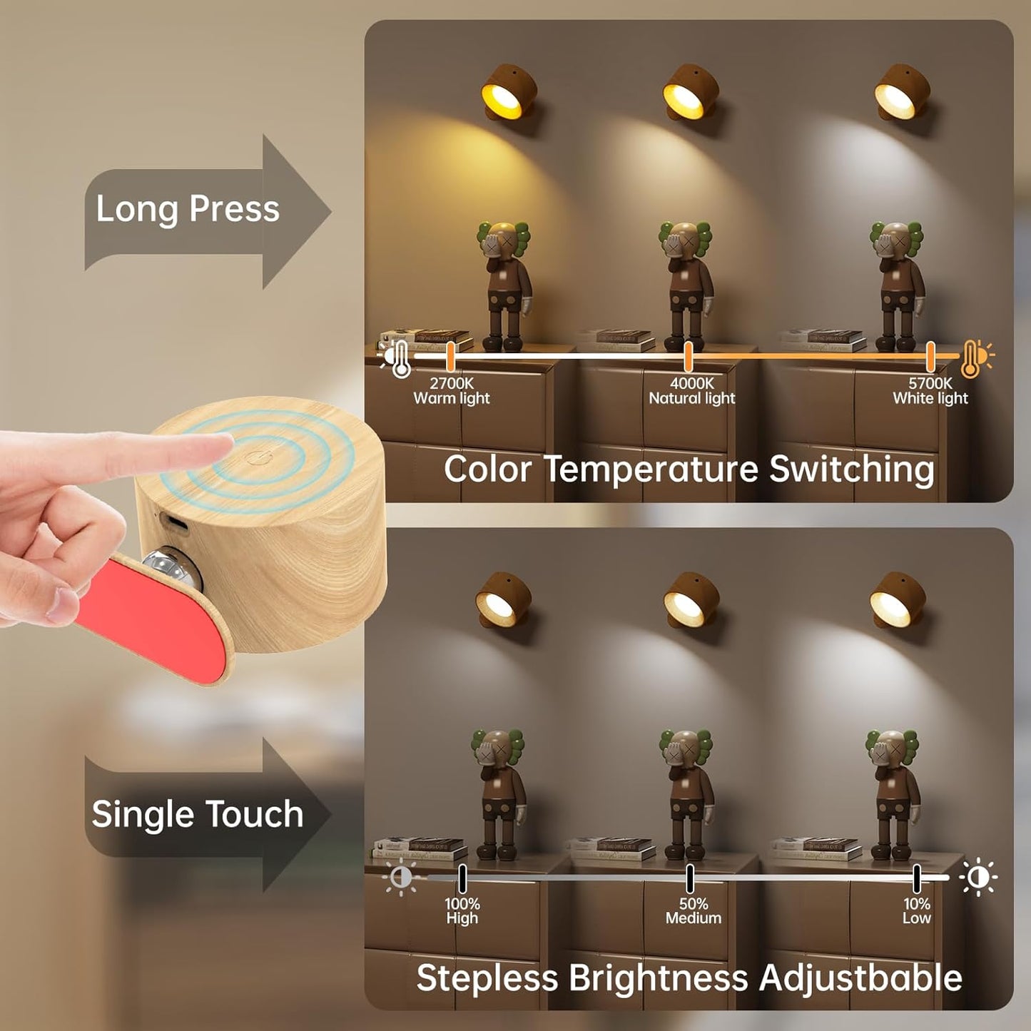 2PACK LED Wall Sconce - Rechargeable Cordless Wall Light, 3 Colors & 3 Brightness Levels, 360° Magnetic Rotating Head, Bedside Reading Lamp, Easy Install Battery Operated Lamp Wood