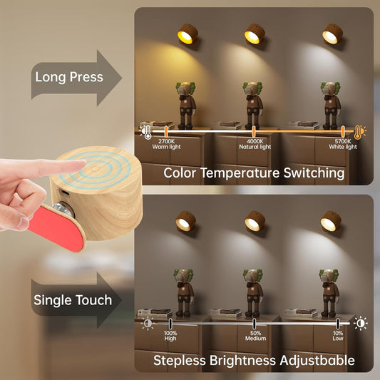 2PACK LED Wall Sconce - Rechargeable Cordless Wall Light, 3 Colors & 3 Brightness Levels, 360° Magnetic Rotating Head, Bedside Reading Lamp, Easy Install Battery Operated Lamp Wood