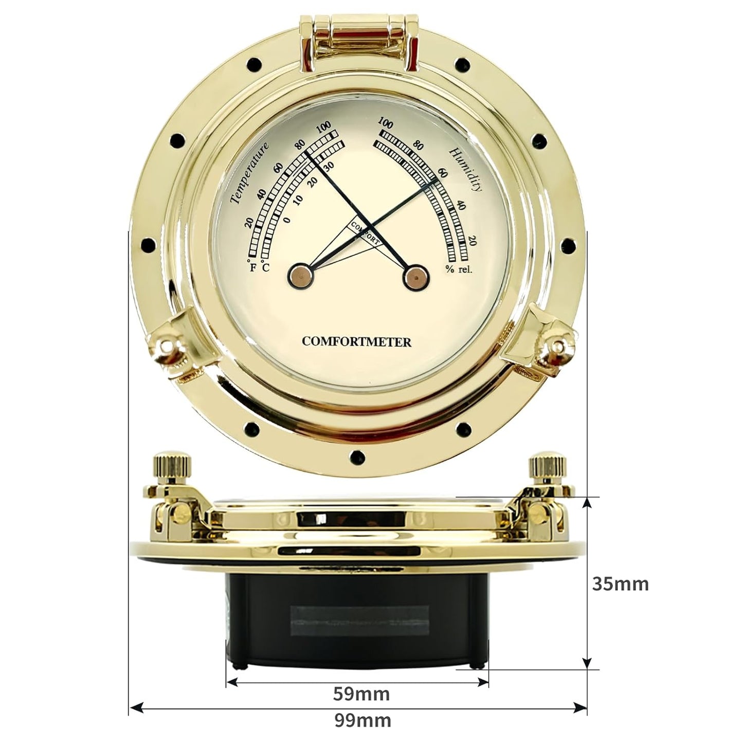 THALASSA 3.8" Boat Hygrometer Thermometer Marine Thermo-Hygrometer – Compact, Flush-Mounted Copper Alloy for Boats Yachts & Ships, Ensures Optimal Air Quality & Equipment Protection in Marine