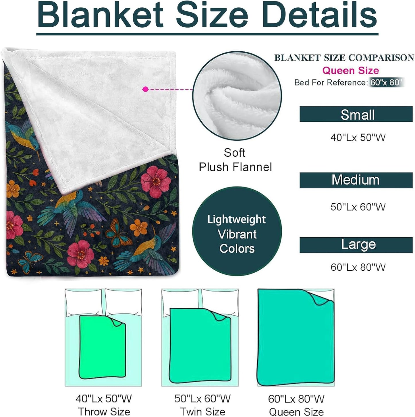 Floral Hummingbird Blanket, Bird and Flower Flannel Throw, Soft Cozy Lightweight Throws Blankets for Women Kids Girls, Colorful Home Decor for Sofa Couch Bedroom Home, 60x50 Inch