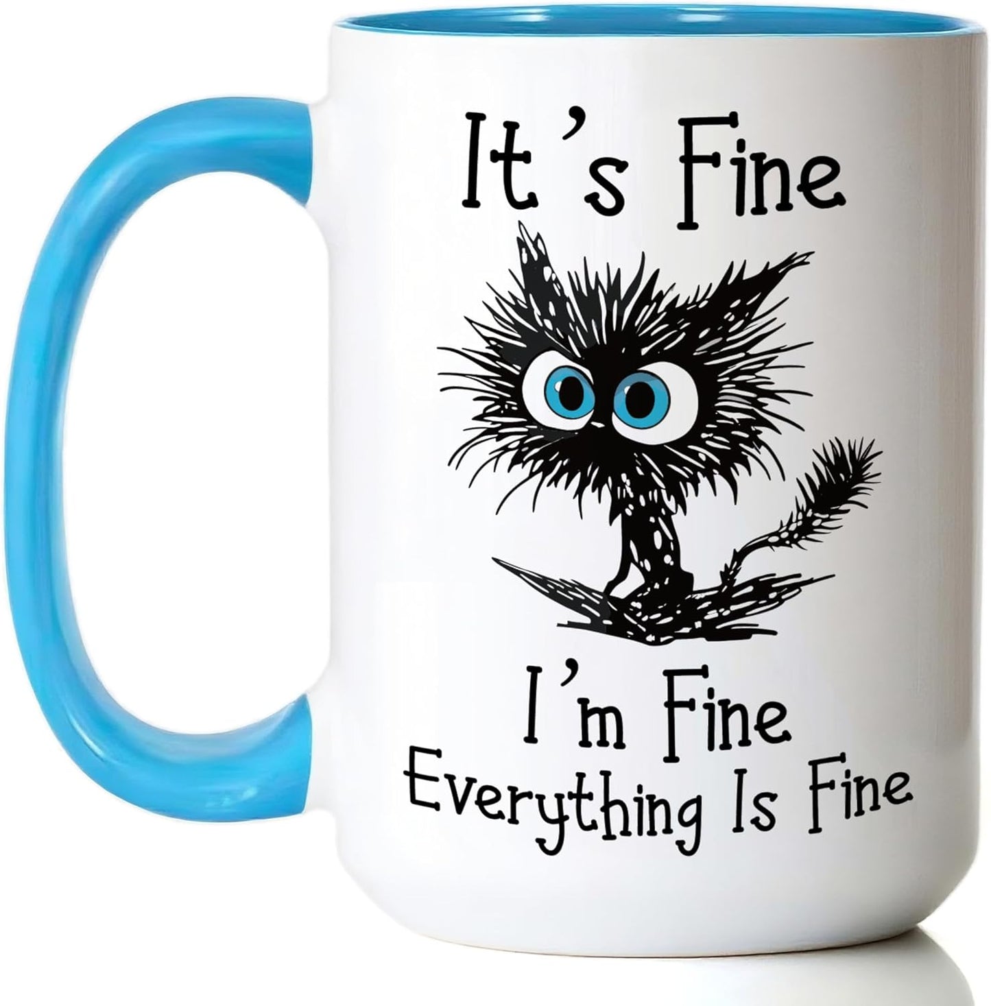 Funny Black Cat Coffee Mug – 15oz Sarcastic I am Fine Everything's Fine Cup – Big Ceramic Mug with Blue Handle – Microwave & Dishwasher Safe – Funny Gag Gift for Cat Lovers, Women, Coworkers