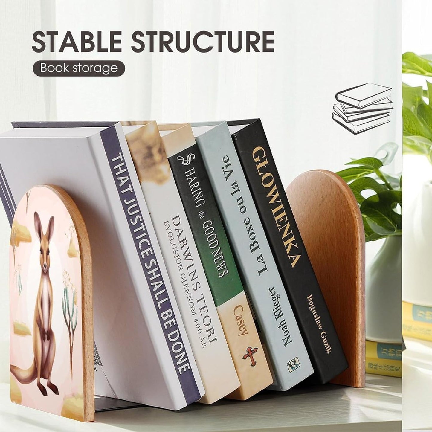 Non-Slip Bookend for Shelves Funny Cartoon Kangaroo Zoo Wooden Bookends with Metal Base Decorative Book Stopper for Home Heavy Duty Wood Book Storage for Books/CDs