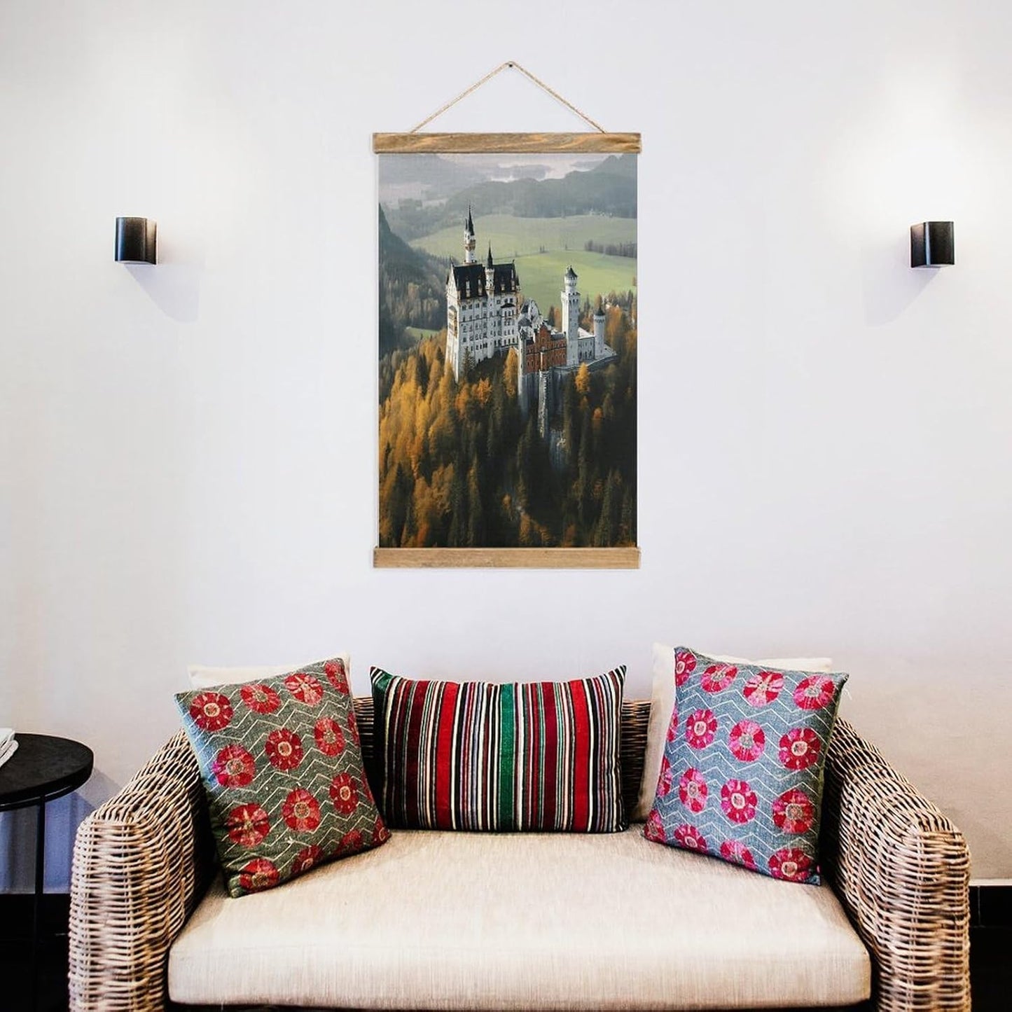 Vintage Germany Neuschwanstein Castle Poster with Wooden Frame Personalized Linen Hanging Scroll Painting Rustic Wall Hanging Illustrative Modern Artwork Decor for Home Living Room Bedroom Office