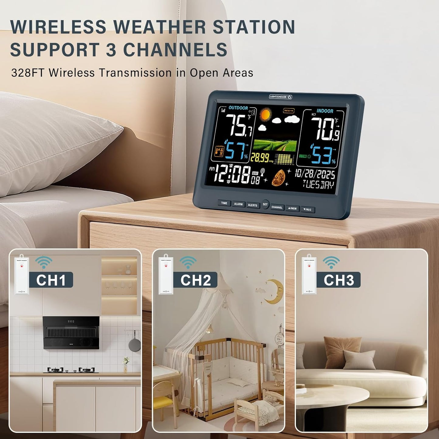 BluSon Weather Station Wireless Indoor Outdoor Thermometer, Color Display Digital Temperature Humidity Monitor with Atomic Clock, Weather Forecast, Adjustable Backlight, Home Weather Station, Blue