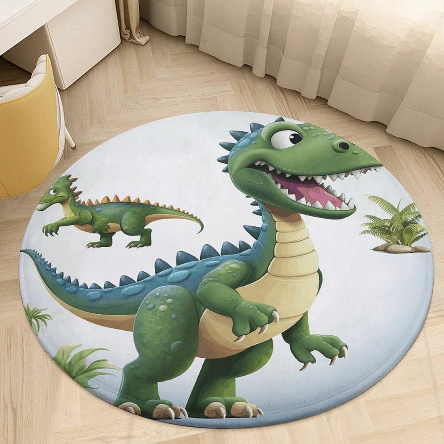 Cartoon Dinosaur Images Circle Rug Retro Luxury Coral Velvet Floor Mat Non Slip Soft Indoor Floor Carpet Comfy Thickened Area Rugs Modern Aesthetic Minimalist Carpets for Home Decor