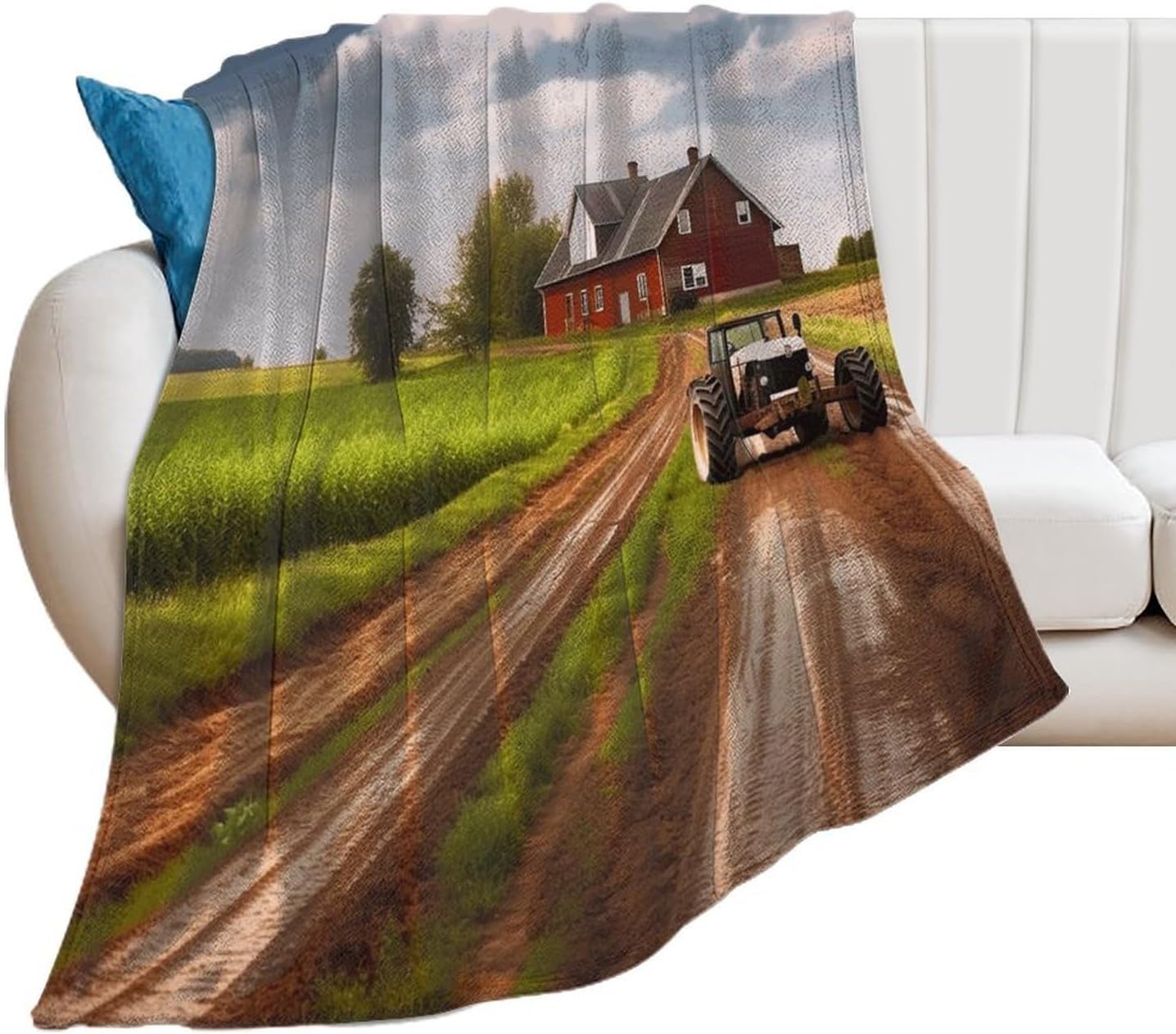 Country Road with Farm And Tractor Throw Blanket for Couch Super Soft Warm Lightweight Throw Blankets Cozy Flannel Bed Blanket Cute Decorative Blankets for All Seasons Home Decor Gift 40"*50" （100*130