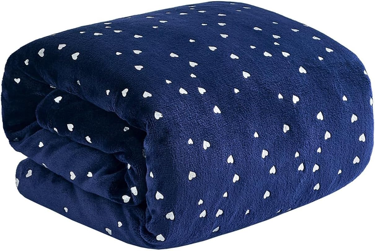 NANPIPER Fleece Blanket Heart Foil Print, King Size Soft Thick Microfiber, All Season Warm Lightweight Throw for Couch/Bed, 90"x108" Navy Blue