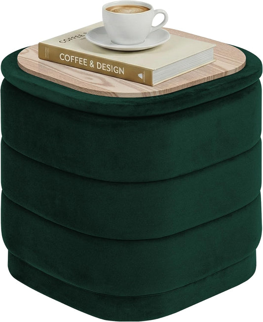 PINPLUS Ottoman with Stroage Square Velvet Ottoman and Tray Removable Foot Rest Coffee Table for Dorm, Living Room,Bottle Green 15" D x 15" W x 15" H