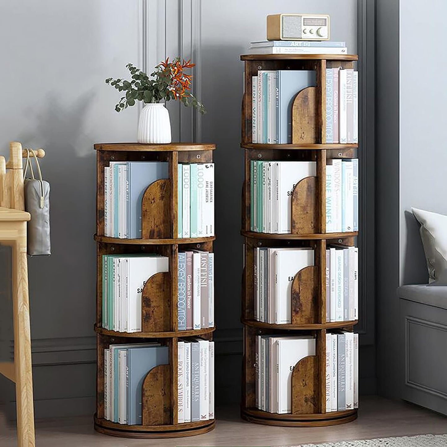 Wooden Rotating Bookshelf,Tall Floor Standing Bookcase,Multi-Functional Storage Display Rack Modern Open Shelves for Home Office Living Room Study (White 4 Tier 39x39x128.5cm)