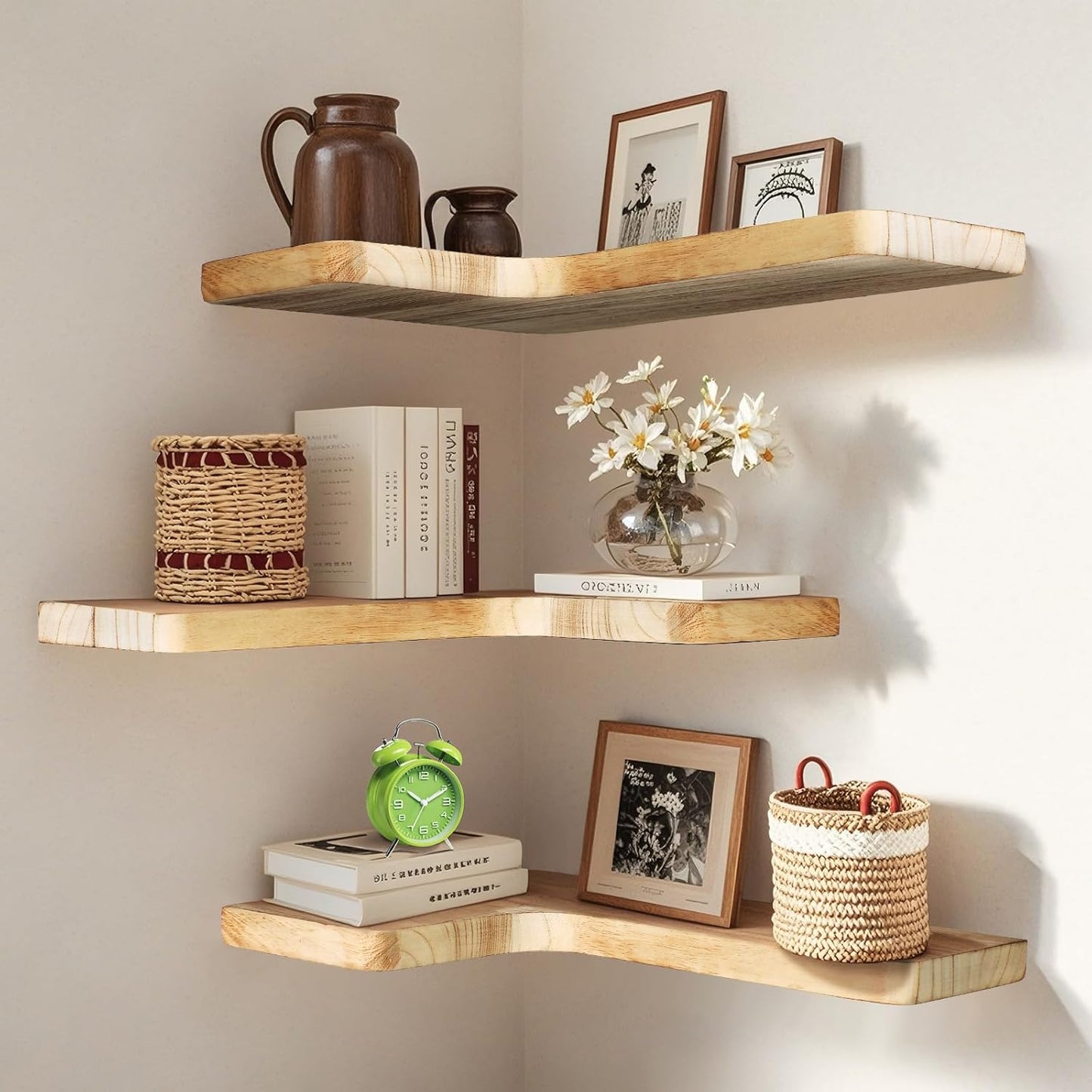 Floating Corner Shelves — Set of 3, Solid Wood, Light Burnt Finish