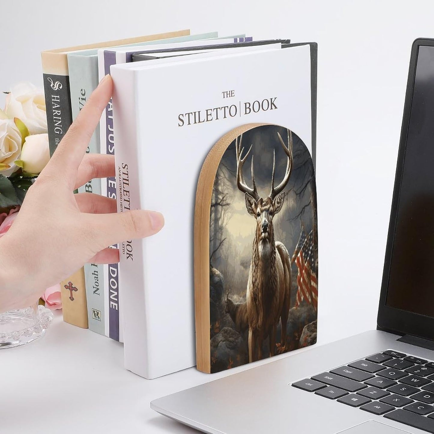 Deer Hunting Season Bookend for Shelves Wooden Book End Large Size Sturdy Book Holders Stoppers with Metal Base for Bookshelves Slick Decorative Bookends Stands