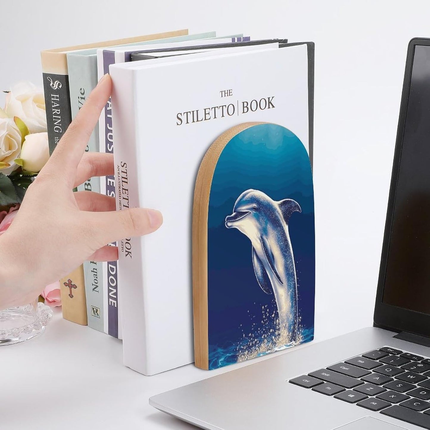 Non-Slip Bookend for Shelves Glitter Dolphin Wooden Bookends with Metal Base Decorative Book Stopper for Home Heavy Duty Wood Book Storage for Books/CDs