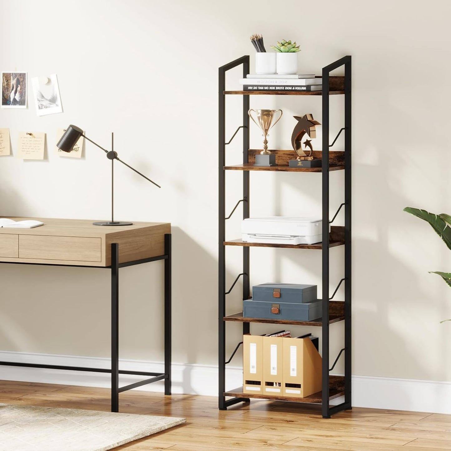 Hosfais 5 Tier Tall Bookshelf: Industrial Wood Book Shelf with Edge Protection Metal Narrow Bookshelf Bookcase Storage Organizer Display Rack for Living Room Home Office (Rustic Brown)