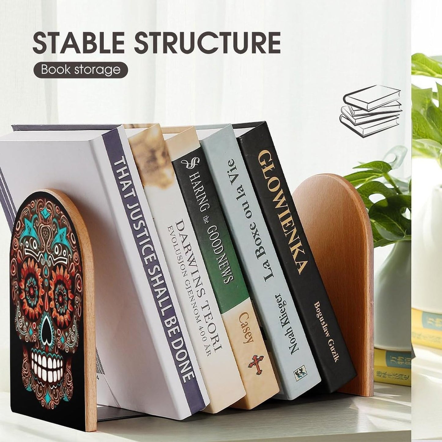 Sugar Skulls Day of The Dead Bookend for Shelves Wooden Book End Large Size Sturdy Book Holders Stoppers with Metal Base for Bookshelves Slick Decorative Bookends Stands