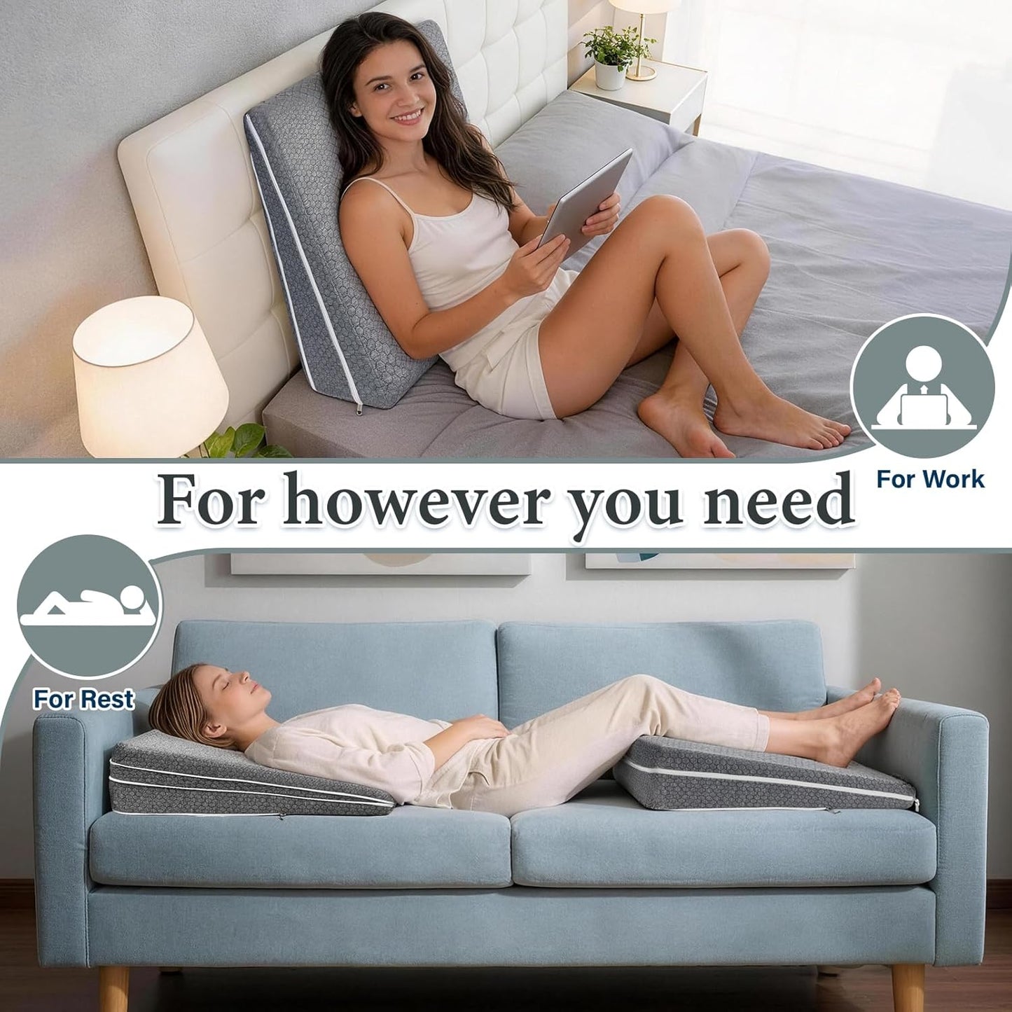 Bed Wedge Pillow for Sleeping, Adjustable Ergonomic Elevated Pillow for Sleep Apnea Acid Reflux GERD Snoring After Surgery Recovery Pregnancy, Leg/Neck/Back Pain (Grey)