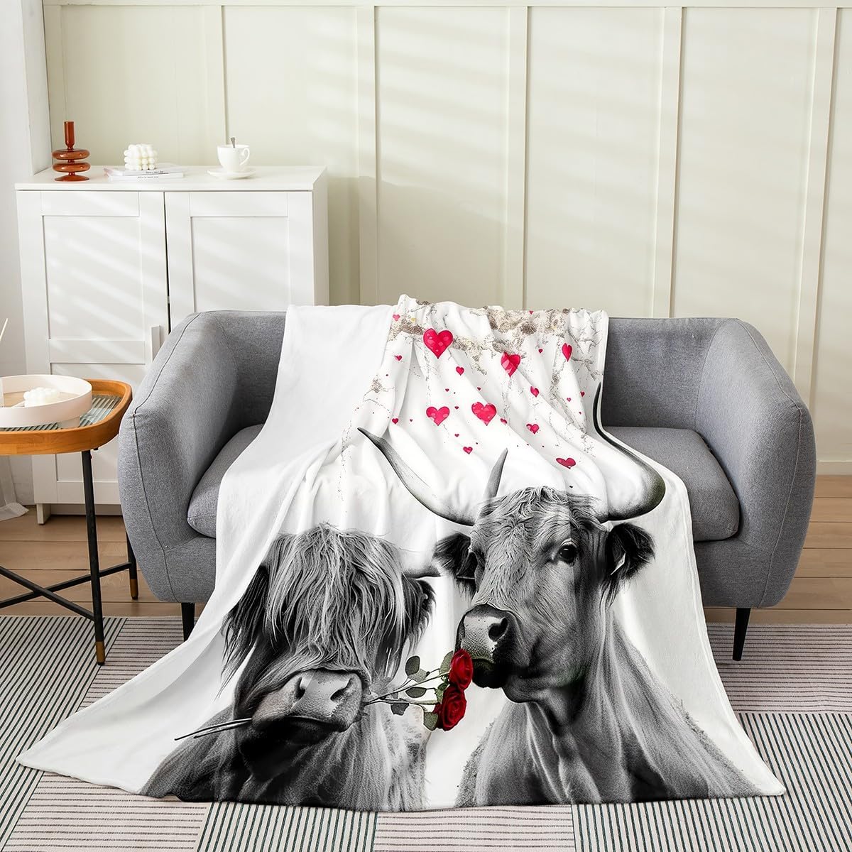 Happy Valentine's Day Blanket Throw 50x60 Inch Romantic Cow Throw Blanket Couple Red Heart Tree Love Farmhouse Valentines Fleece Blanket Rose Floral Grey Marble Bedroom Decor Fuzzy Blanket