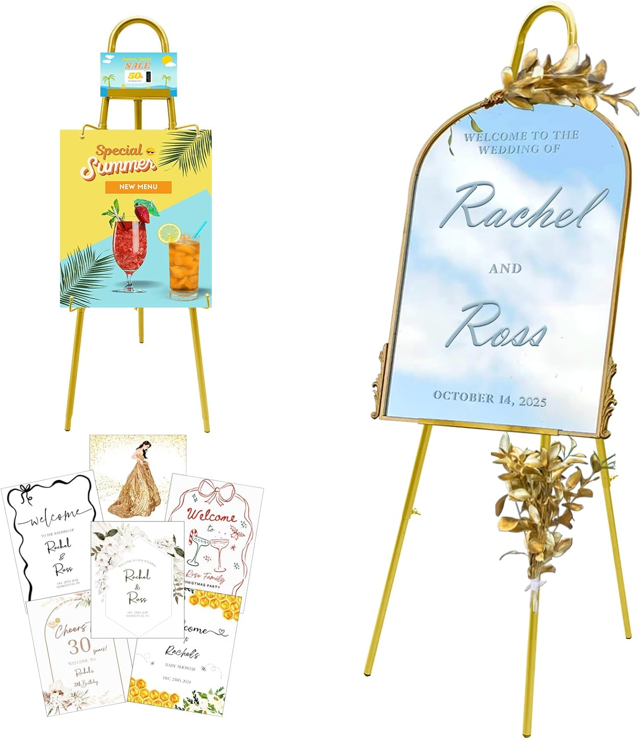57"– 42" Height Adjustable Gold Easel Stand for Signs, Lockable at Any Height – 4 Hooks, 3 Display Modes, Easel with Design Templates – Ideal for Wedding Welcome Sign, Parties, Art & Retail Display