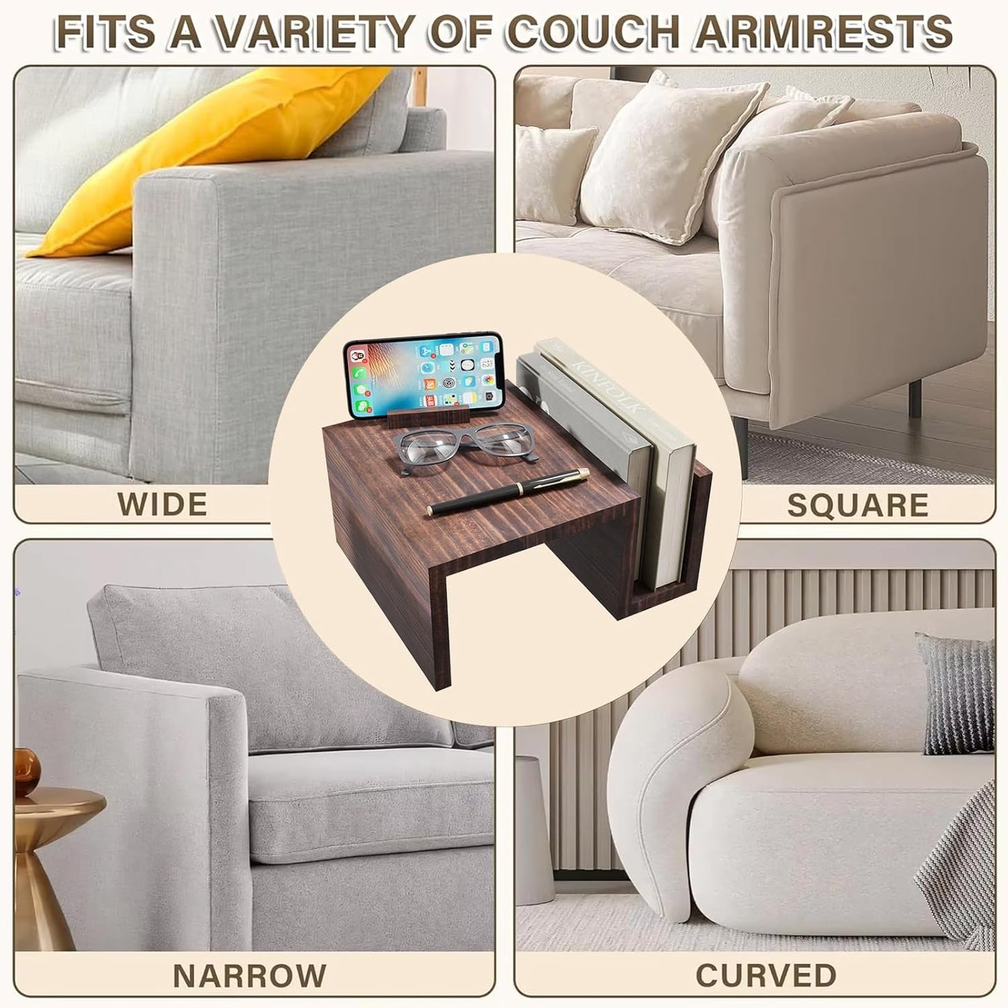 Couch Arm Table Tray with 360° Phone Holder Side Storage Pocket 3 in 1 Couch Armrest Table Wooden Clip-On Sofa Arm Tray Table for Living Room TV Dinners Eating Drinks Snacks (Brown)