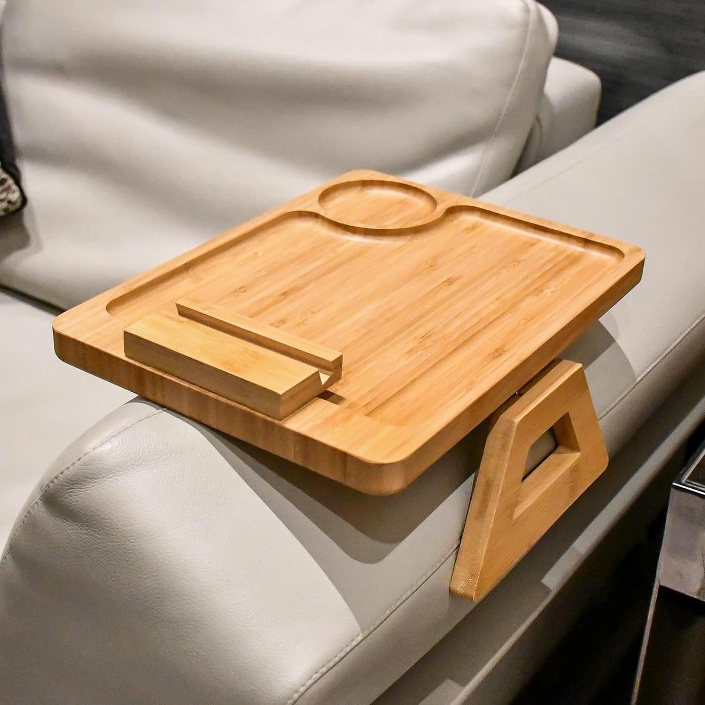 Couch Arm Tray Table Clip on Sofa, Armrest TV Tray Table with 360° Rotating Phone Holder, Solid Bamboo Side Table for Wide Couches Arm, Gift for Mom Dad or Friends
