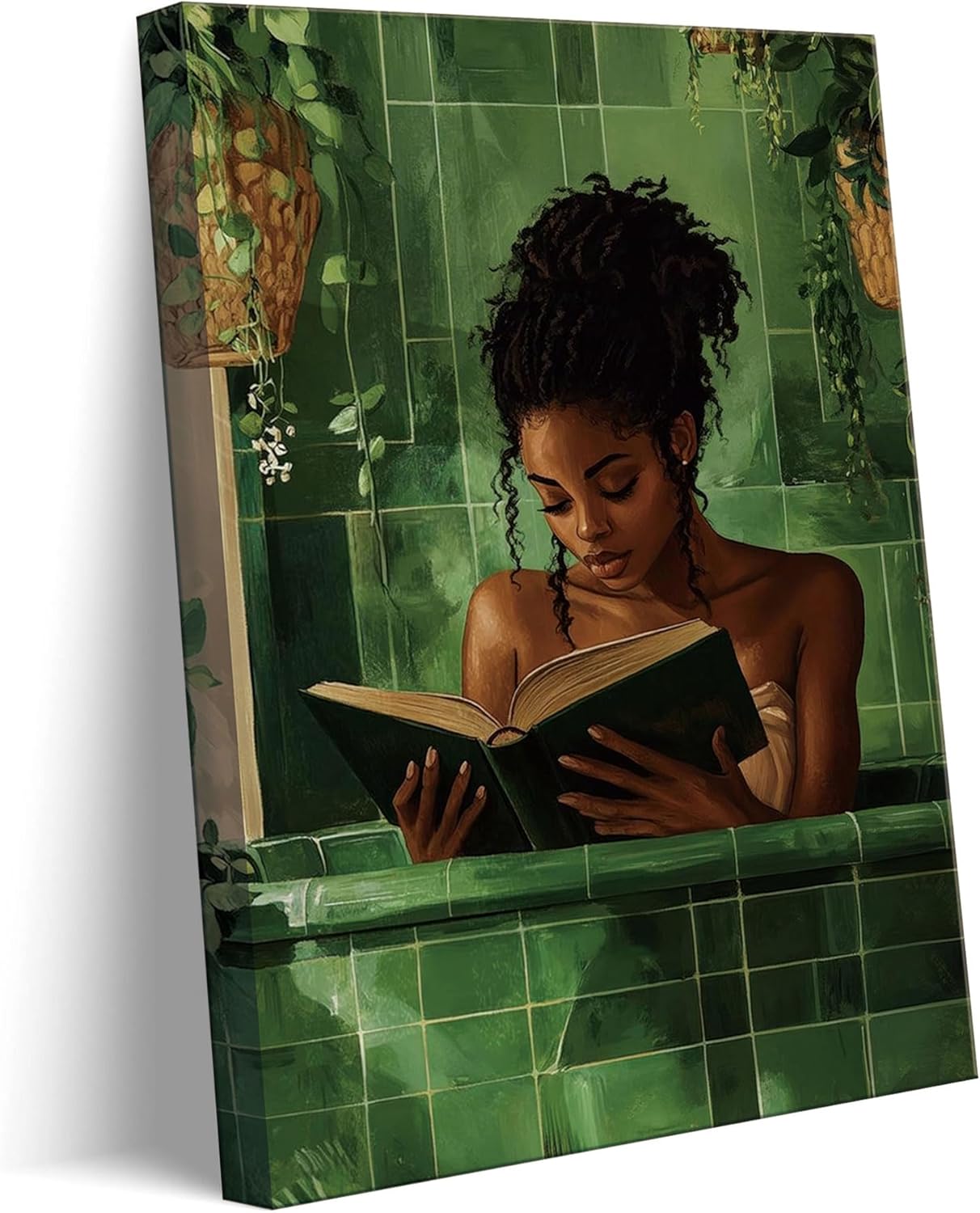 African American Woman Canvas Wall Art Black Girl Reading in the Bathroom Wall Art Picture Green Simplicity Black Woman Reading Poster Print for Study Bedroom Bathroom Artwork Home Decoration