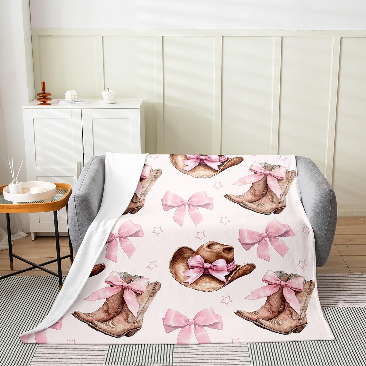 Castle Fairy Retro Western Flannel Blanket Throw 50"x60",Cowgirl Hat Boots Bed Sofa Blankets for Kids Boys,Pink Princess Bowknots Fuzzy Blanket Room Decor,Farmhouse Style Breathable Blanket