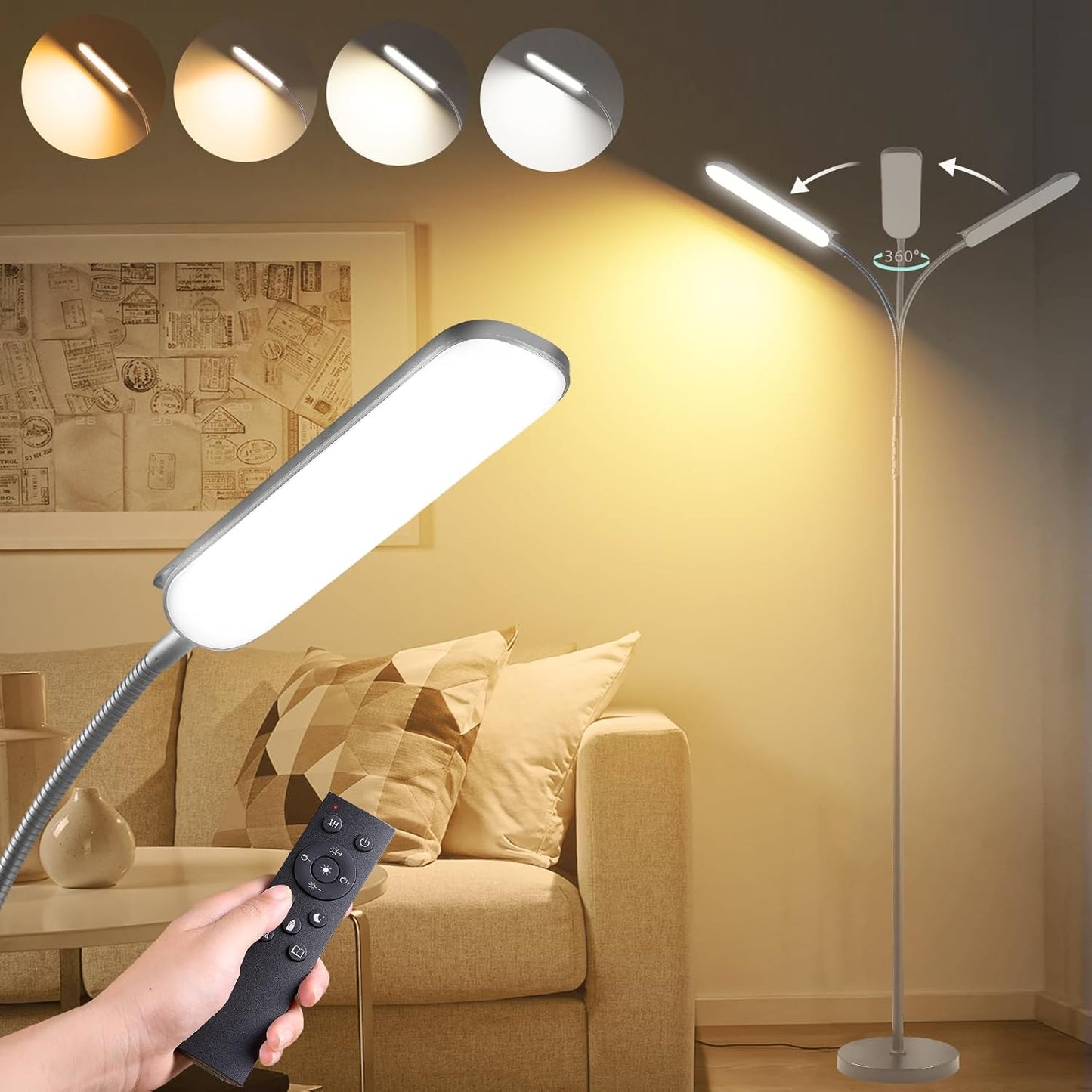 Grey LED Floor Lamp, 18W 1800LM Bright Floor Lamps with Remote & Works with Smart Plug, Dimmable Timing Eye Caring Reading Light Modern Standing Floor Lamp for Living Room Bedroom Office