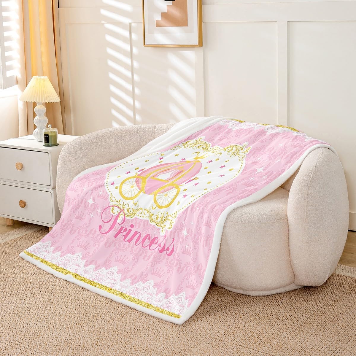 Princess Style Bed Blanket Pink Luxury Throw Blanket Lightweight Soft Cozy Luxury Carriage Fleece Blanket Cute Cartoon Flannel Blanket for Sofa Bedroom Office Travel All Season(Twin 60"x80")