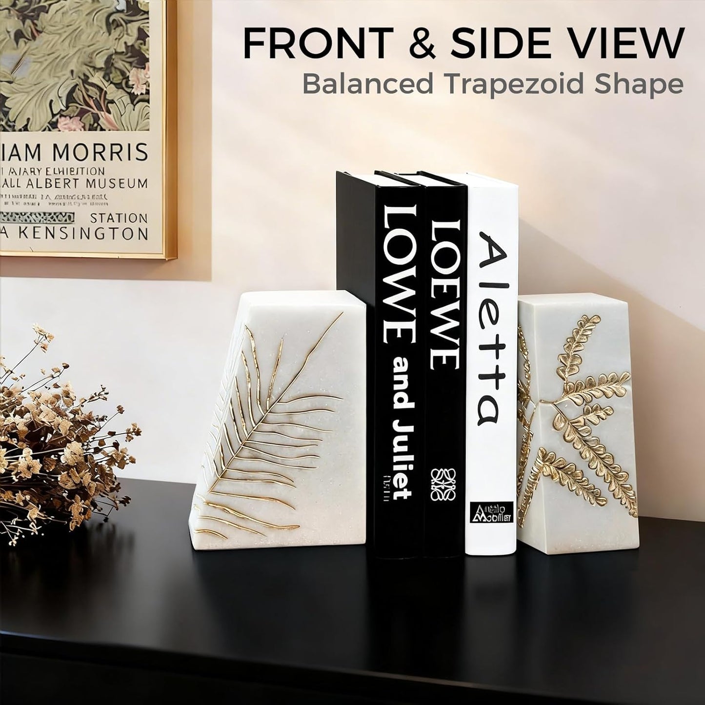 Heavy Duty Book Ends for Shelves, Decorative Book Ends for Heavy Books, Resin Modern Bookends with Marble Texture & Gold Botanical Detail, Minimalist Bookends for Home Decor, Set of 2