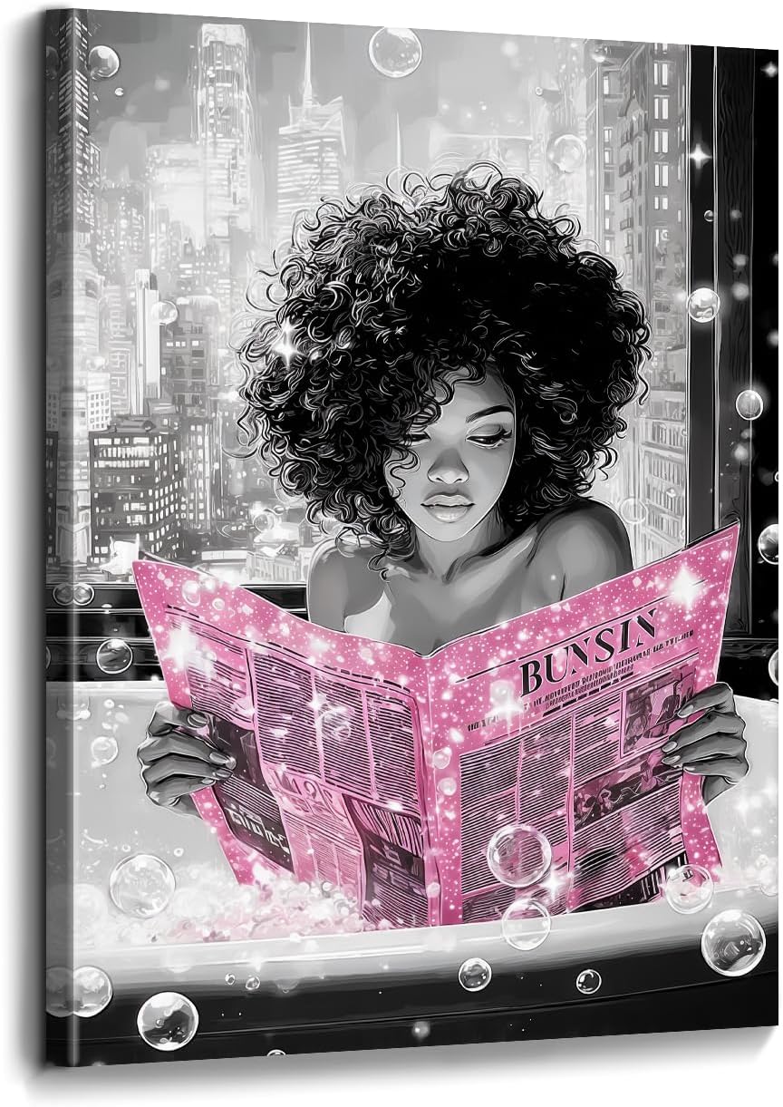 Black Girl Wall Art Afro Woman Reading Pink Newspaper in Bath Canvas Black White Cityscape Print Modern African American Painting Inspirational Picture Poster for Bathroom Home Decor(POR-02,12"x18")