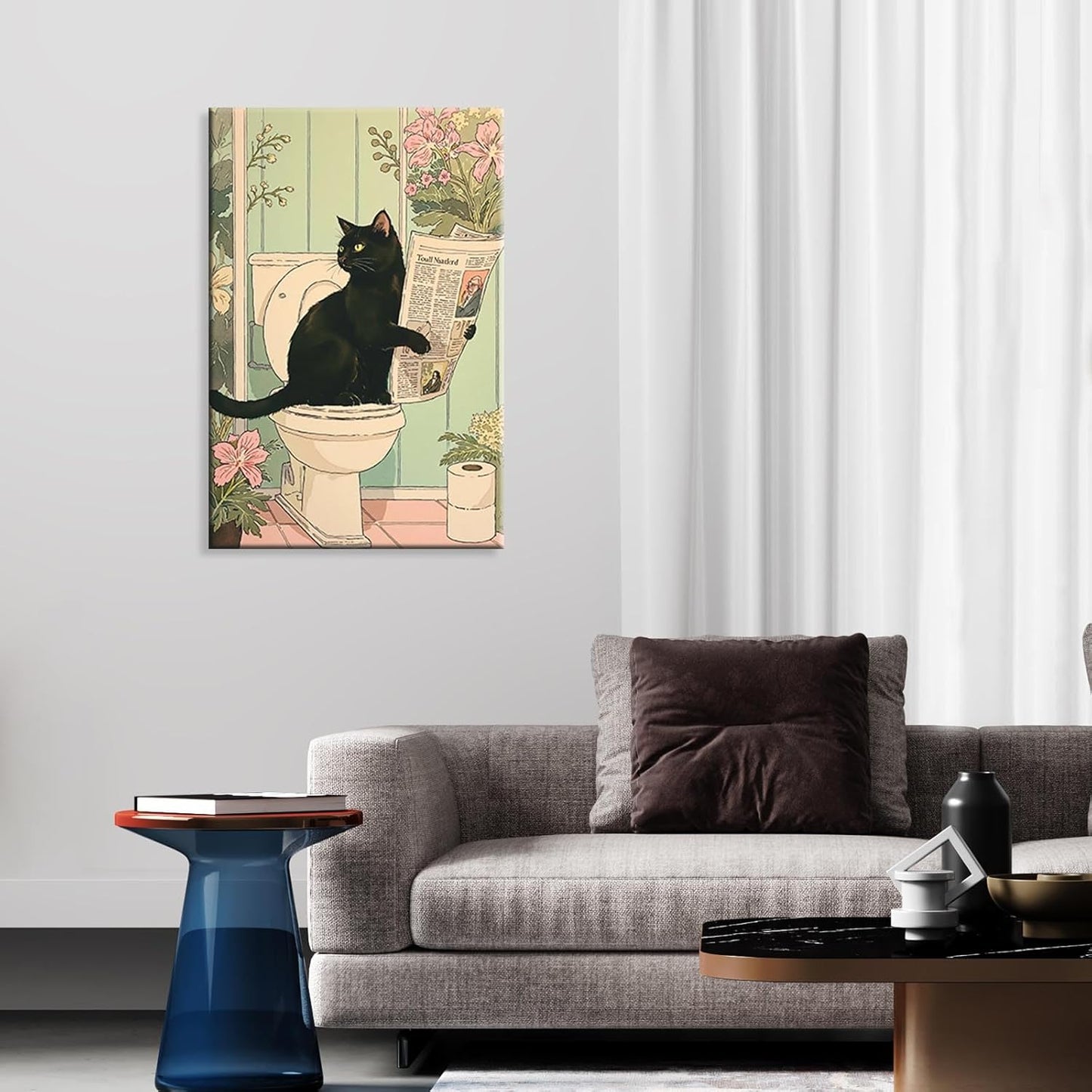 ZHIXQMG Funny Animal Bathroom Canvas Wall Art Japanese Black Cat Reading Newspaper Posters Cute Cats Sitting On The Toilet Picture Pink Flowers Aesthetic Wall Decor For Home Dorm 12x16in Unframed