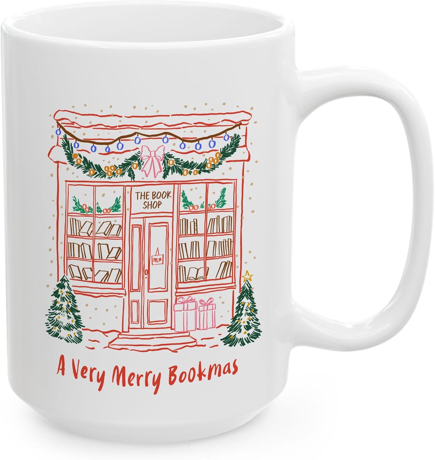 A Very Merry Bookmas Christmas Book Lover Coffee Mugs, Xmas White Ceramic Cups, Holiday Gifts, 11oz 15oz