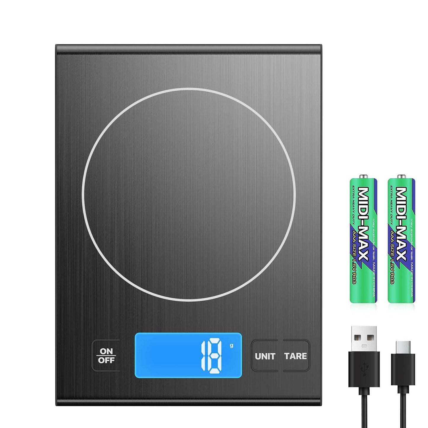 Rechargeable 304 Stainless Steel Kitchen Scale, Diyife 33lb Digital Food Scale with LCD Display, Batteries and Type-C Charging, for Meal Prep, Cooking, Baking (Black)