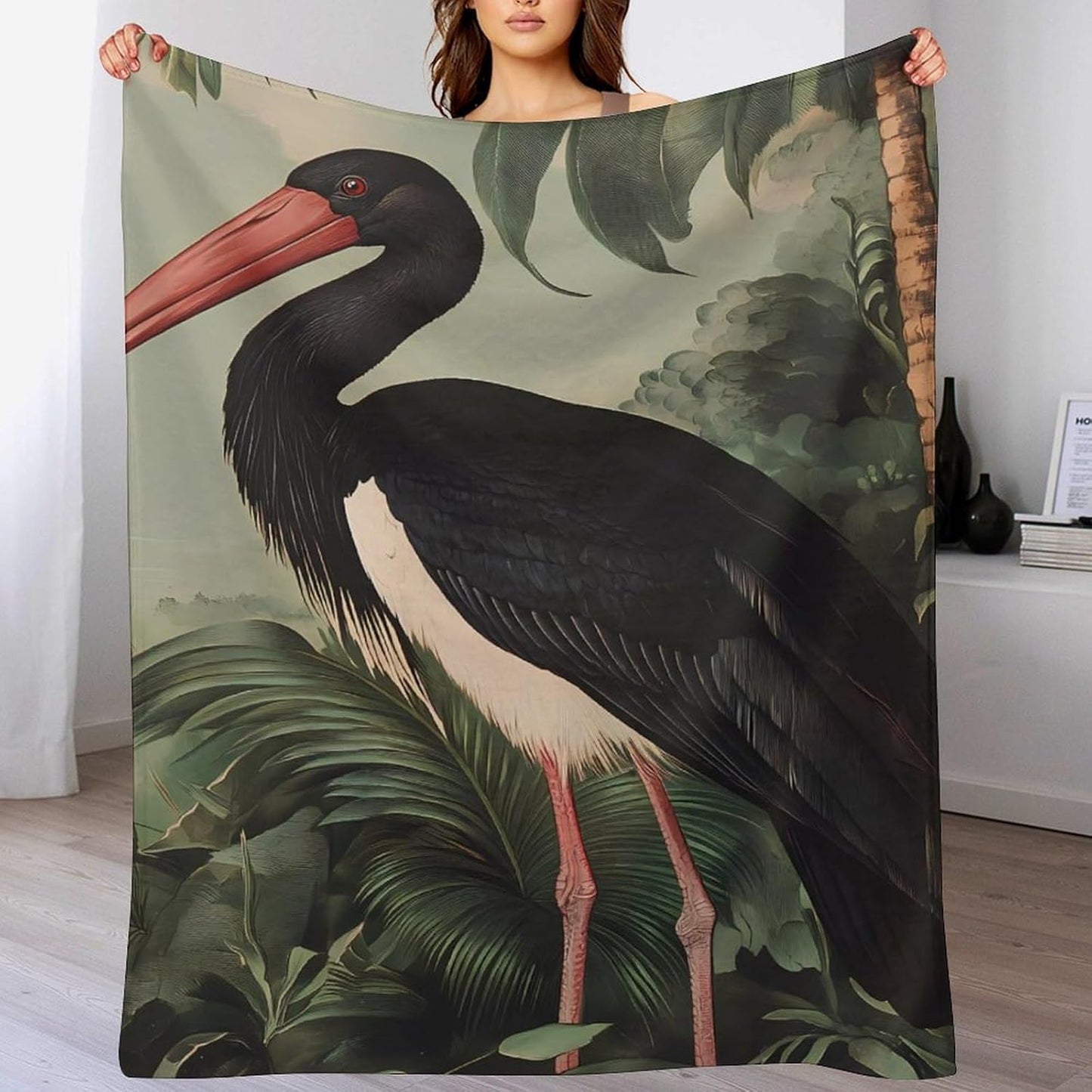 Stork On Black Throw Blanket for Couch Bed Plush Cozy Fuzzy Flannel Blanket for All Season 40"x50"