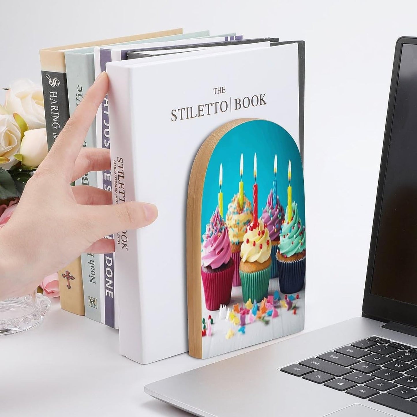 Non-Slip Bookend for Shelves Colorful Happy Birthday Cupcakes Wooden Bookends with Metal Base Decorative Book Stopper for Home Heavy Duty Wood Book Storage for Books/CDs