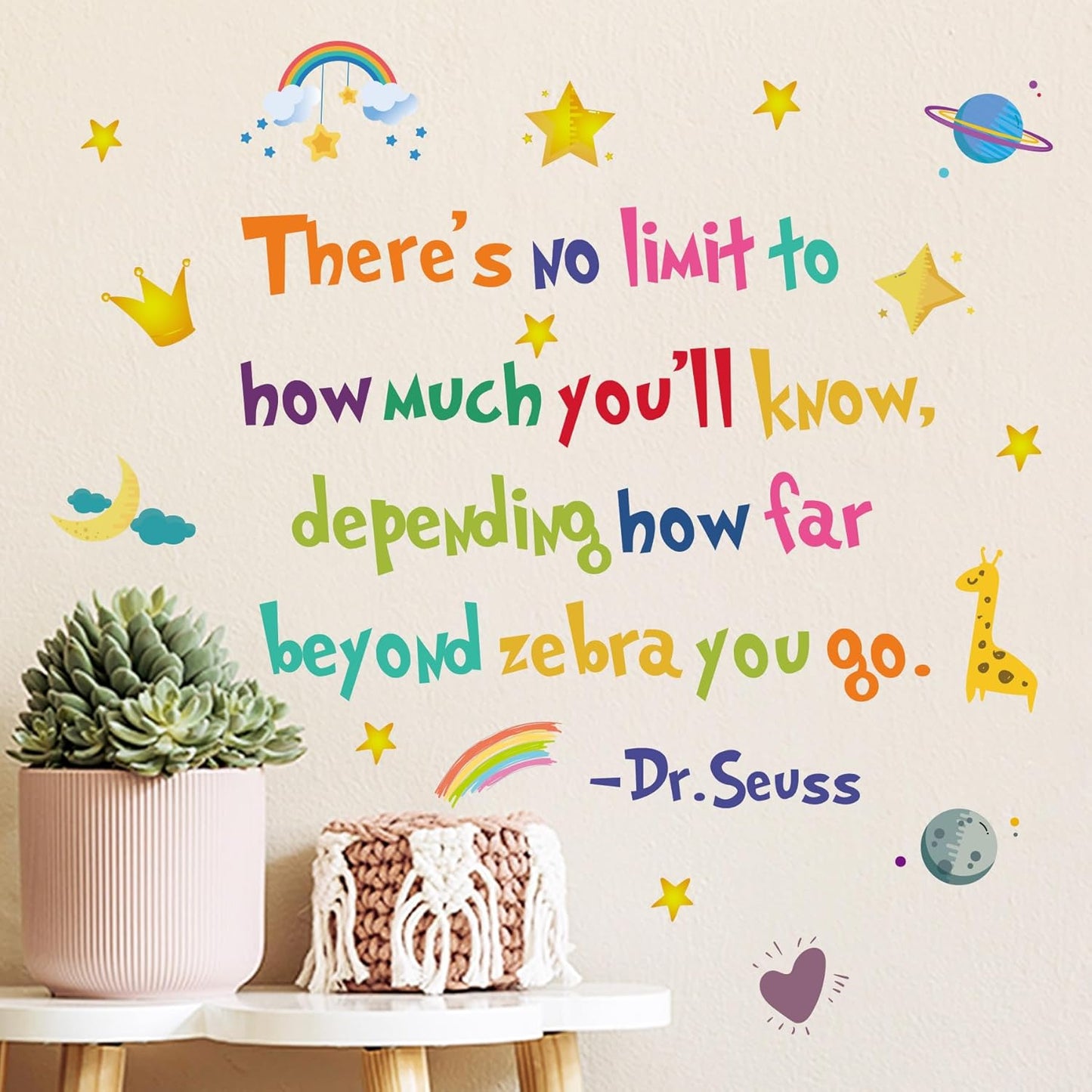 BooDecal 25.6 x 21.3 inches Colorful Dr Seuss No Limit Motivational Education Wall Lettering Stickers Murals Quotes and Sayings Home Art Décor for Door Entrance Living Room
