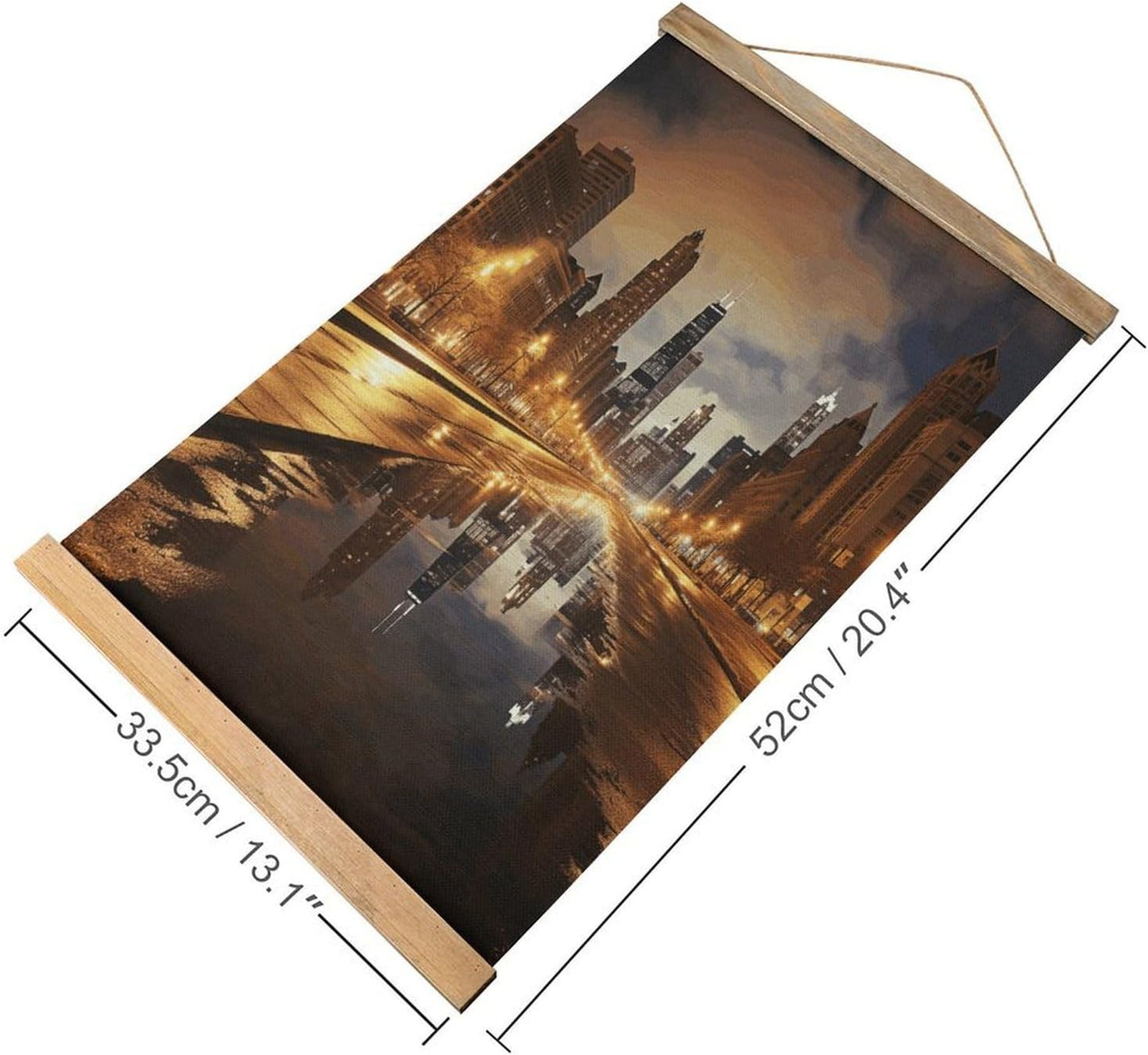 Vintage Chicago Poster with Wooden Frame Personalized Linen Hanging Scroll Painting Rustic Wall Hanging Illustrative Modern Artwork Decor for Home Living Room Bedroom Office