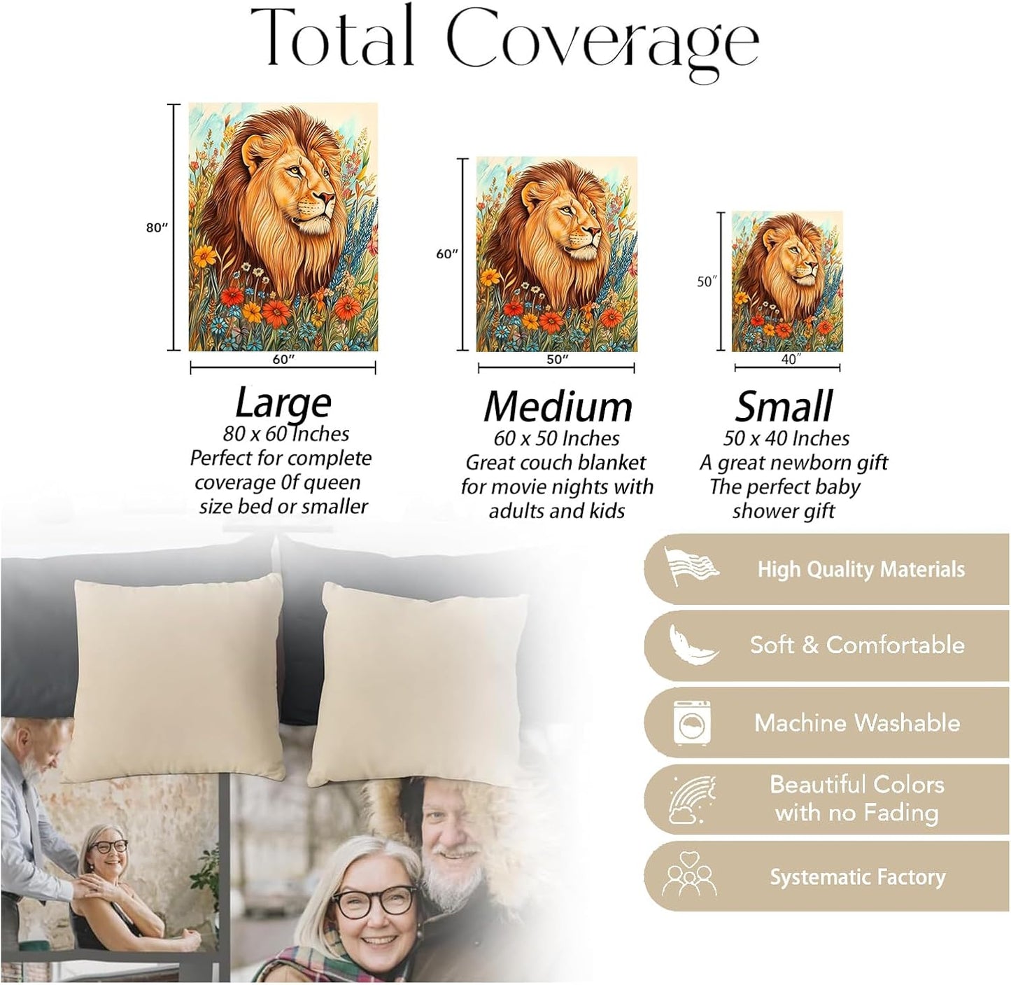 Regal Lion Blanket, Soft Warm Cozy Majestic Lion & Wildflower Throw Blanket Gifts for Adults Kids Women, Lightweight Fuzzy Comfy Flannel Blankets for Couch, Travel, Bed, House Decor 60×50 Inch