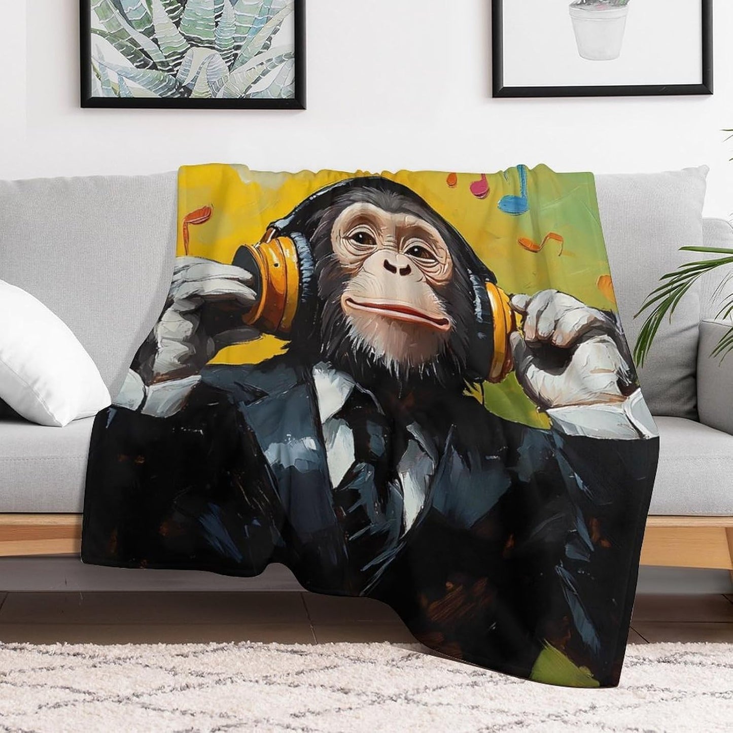 Monkey Music with Headphones Throw Blanket for Couch Bed Plush Cozy Fuzzy Flannel Blanket for All Season 40"x50"