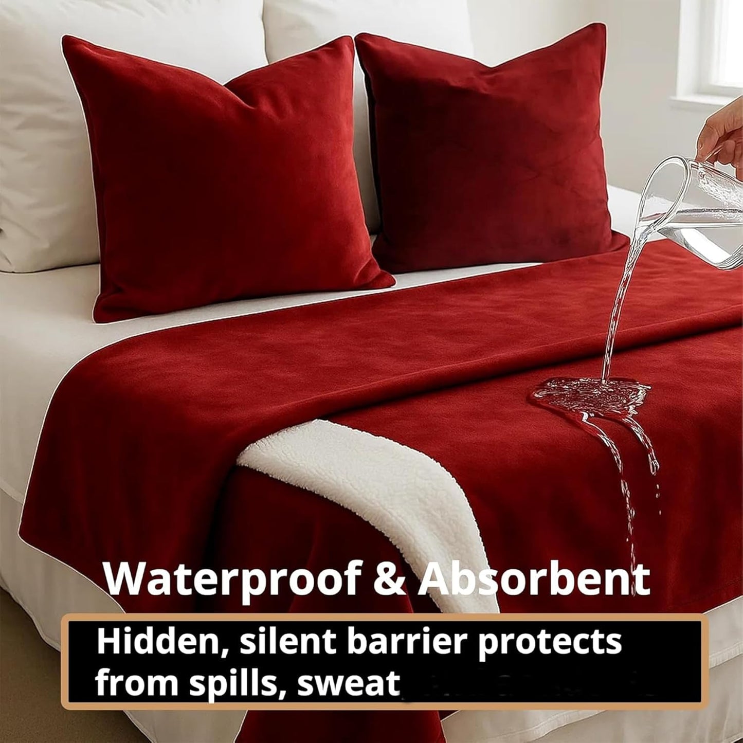 Waterproof Blanket for Bed 60” x 80” with Bonus Throw Pillow Case – Absorbent Blanket, Reversible Luxury Sherpa Plush Throw, Washable Leakproof Bed Protector, Sofa & Couch Cover