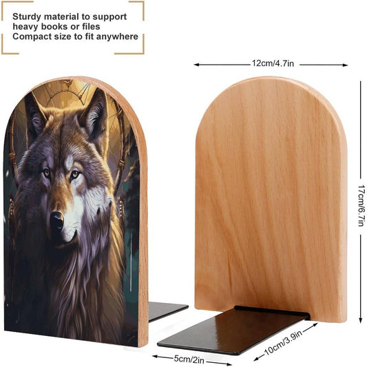 Wolves and Dream Catchers Bookend for Shelves Wooden Book End Large Size Sturdy Book Holders Stoppers with Metal Base for Bookshelves Slick Decorative Bookends Stands